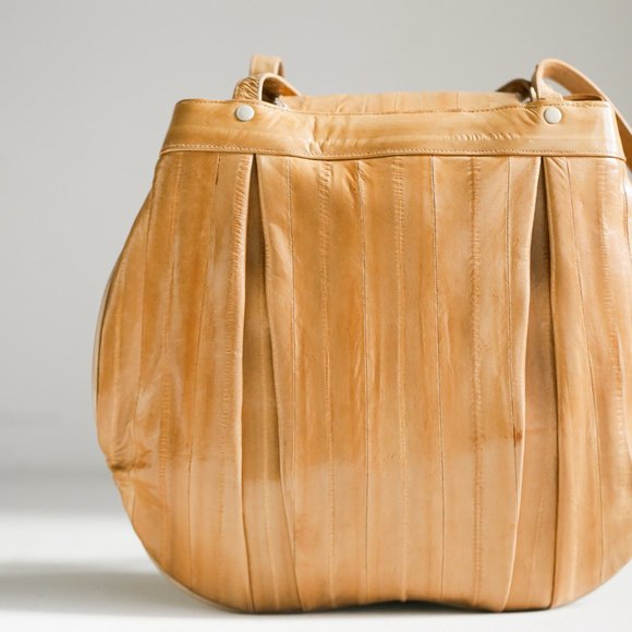 Light Camel Eel Skin Leather Oval OOAk Unique Tote - Picture 7 of 11